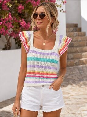 Weekend Los Angeles Rainbow Stripe Crochet Knit Flutter Sleeve Crop Top M